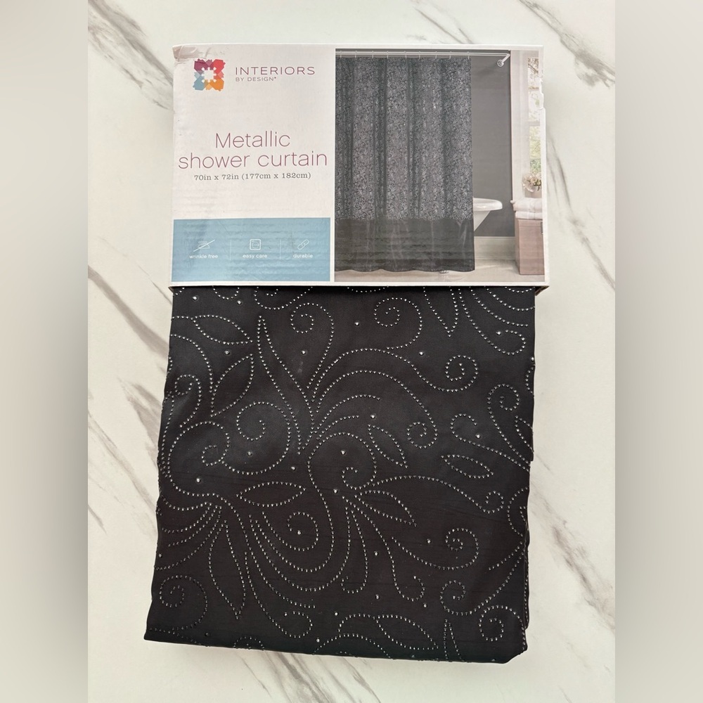 Interiors by Design Metallic Black & Silver Beaded Shower Curtain – 70”x72”, New